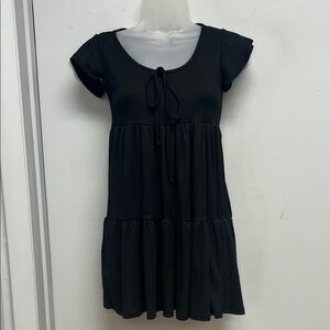 See You Monday Black Tiered Babydoll Dress – XS | Tie Front | Ribbed Knit